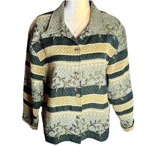 Keren Hart Lightweight Tapestry Jacket Sz M Black Gold Cuffed Sleeves Buttons